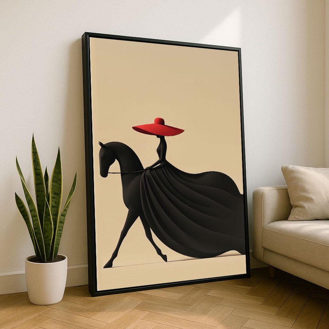 Minimalist Woman Riding Horse In Red Hat Modern Line Art Poster