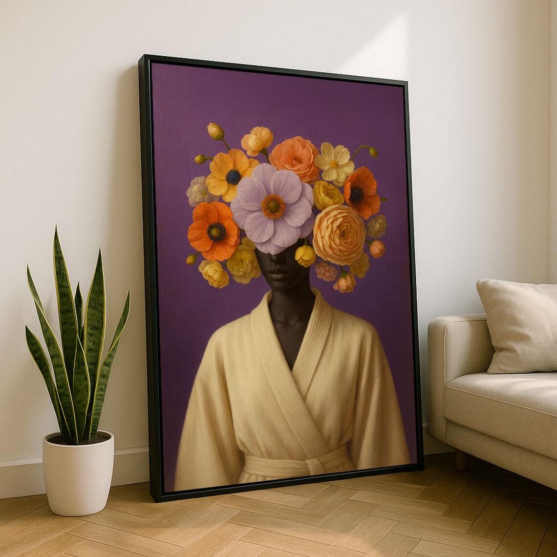 Surreal Floral Face Woman Portrait Purple Background Flower Poster