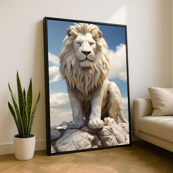 Majestic White Lion Portrait Canvas Wall Art Print Modern Living Room Decor Statement Piece