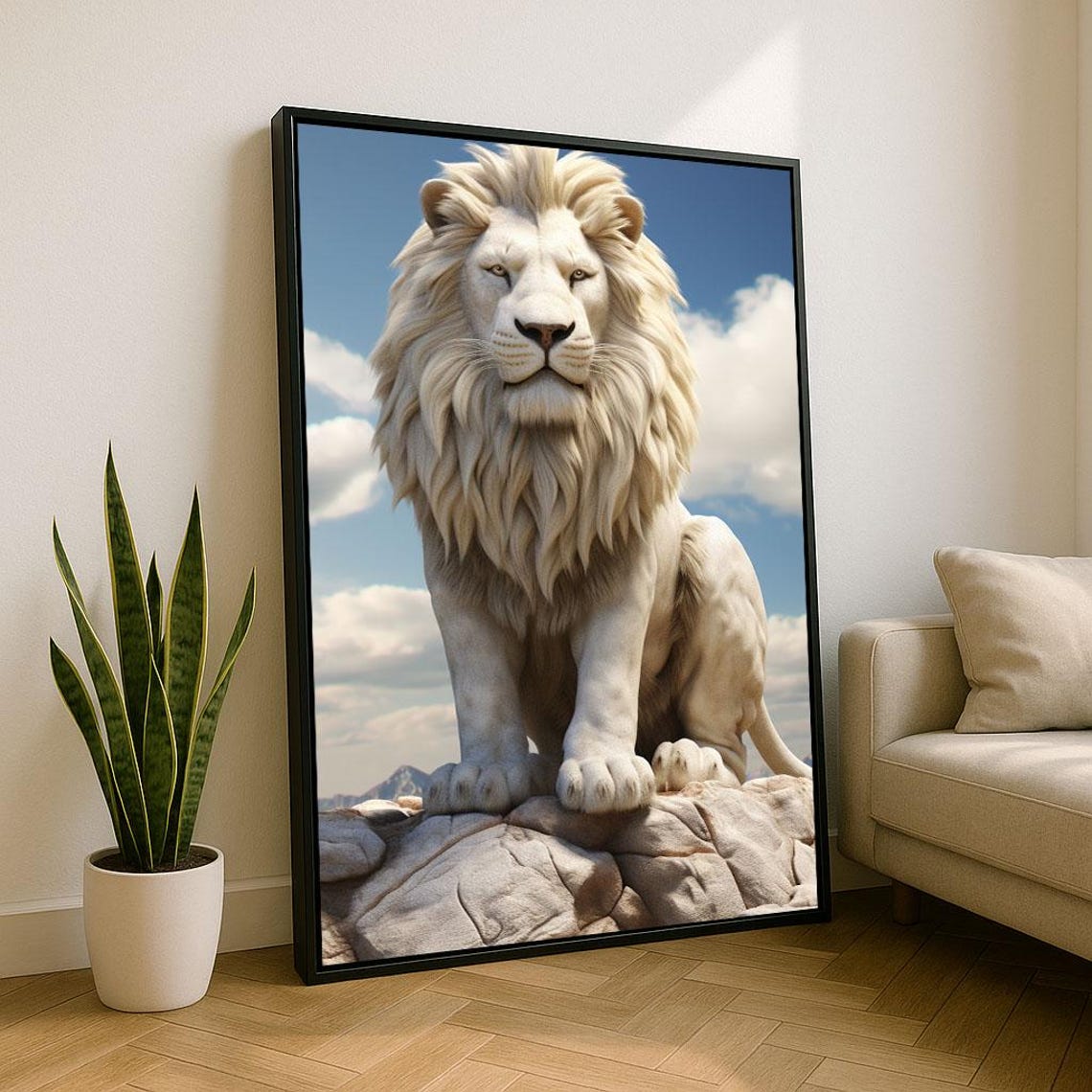 Majestic White Lion Portrait Canvas Wall Art Print Modern Living Room Decor Statement Piece