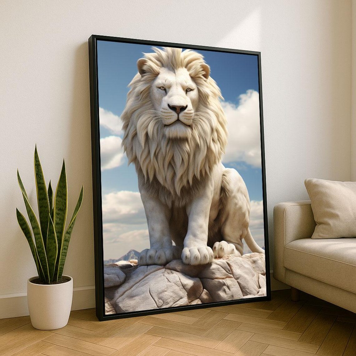White Lion Standing on Rock Against Blue Sky Majestic King Poster