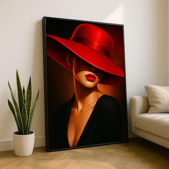 Elegant Woman In Red Hat Canvas Wall Art Print Modern Bedroom Decor Statement Piece