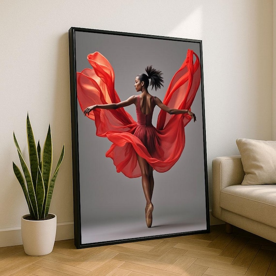 Elegant Ballet Dancer Flowing Red Dress Dramatic Motion Art Print