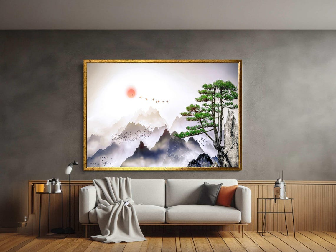 Chinese Red Sun with Birds Misty Mountains and Pine Art Poster