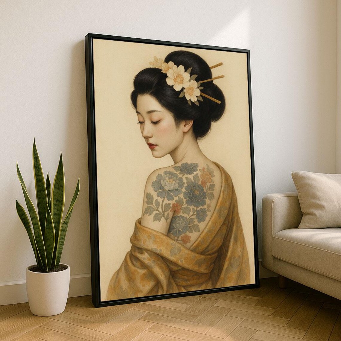 Japanese Geisha Portrait Floral Hairpins Peony Tattoo Poster