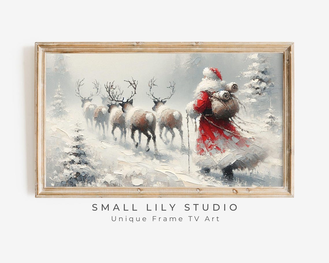 Frame Tv Art Santa And Reindeer Walking Frame Tv Christmas Art White Winter Snow Landscape Vintage Style Santa Tv Picture Tv434