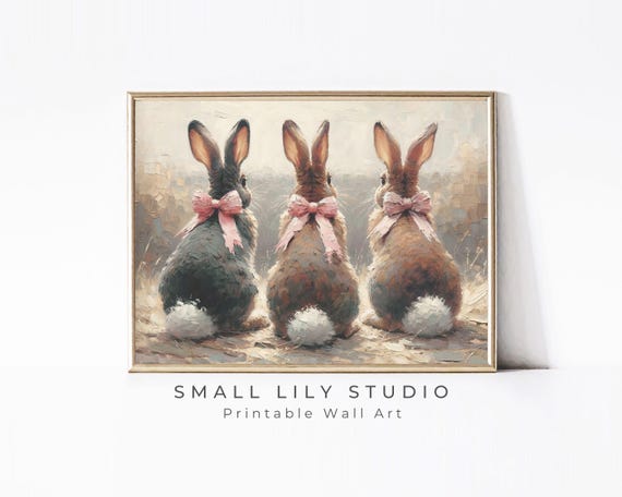 Wall Art Bunnies With Pink Bows Print Neutral Farmhouse Vintage Style Wall Art Easter Cute Rabbit Print Kids Room Nursery P057