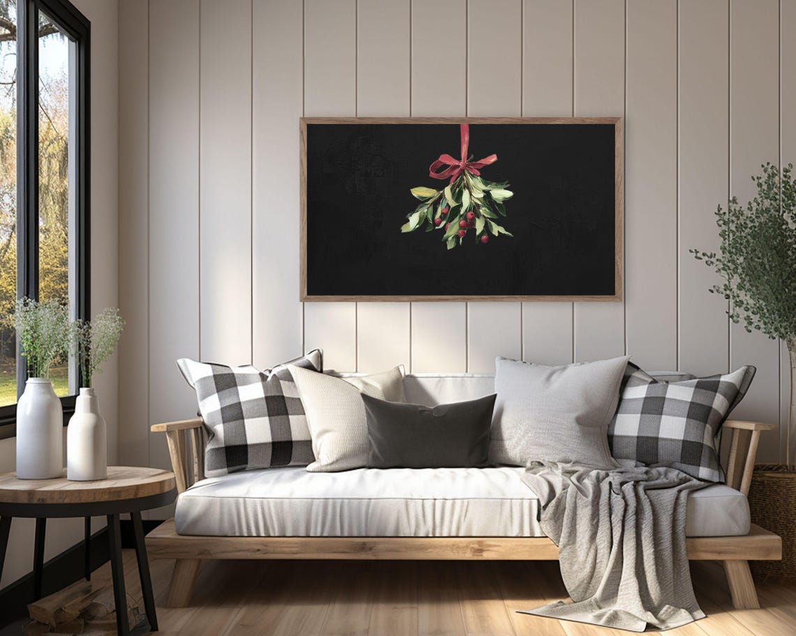 Christmas Frame Tv Art Mistletoe With Burgundy Ribbon Frame Tv Art Vintage Style Painting Stylish Red Green Black Xmas Art Tv548 - Image 3