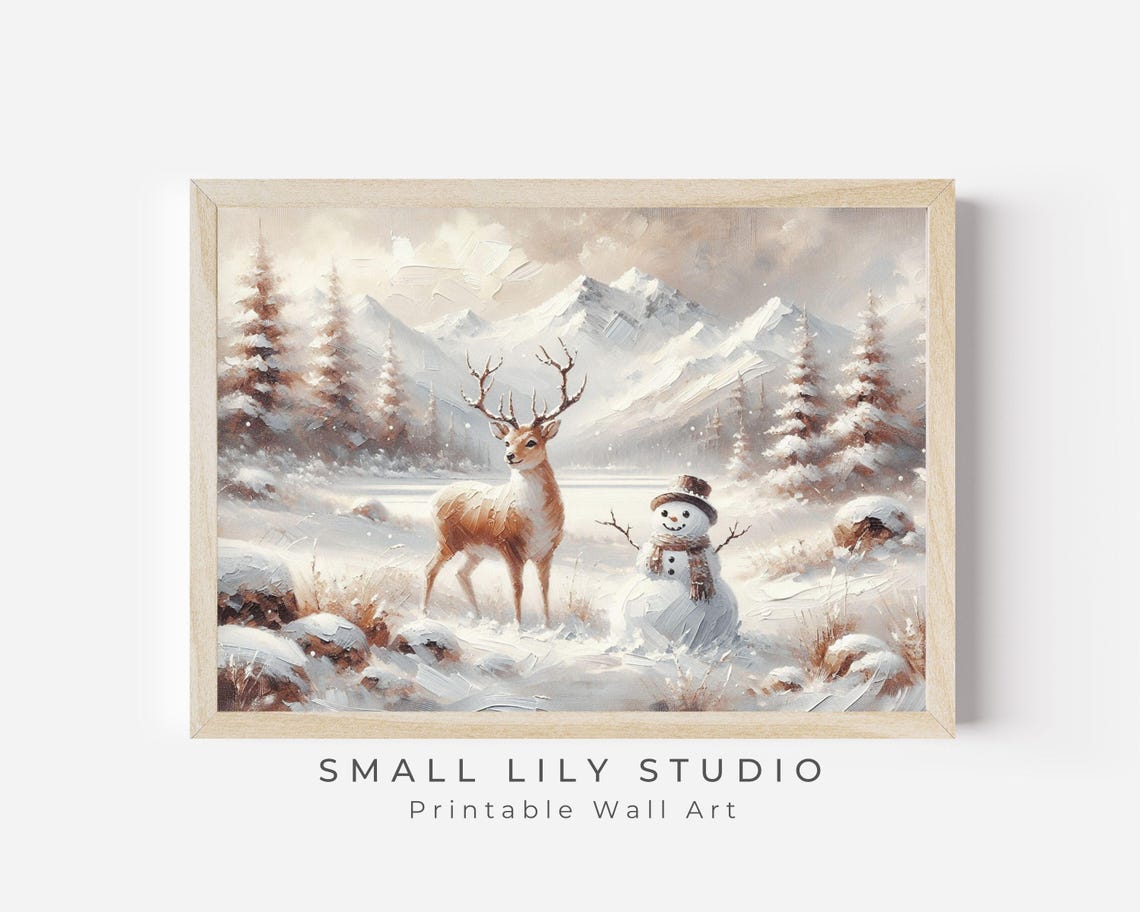 Cute Deer And Snowman Pink Winter Wonderland Kids Christmas Art Print - Image 2