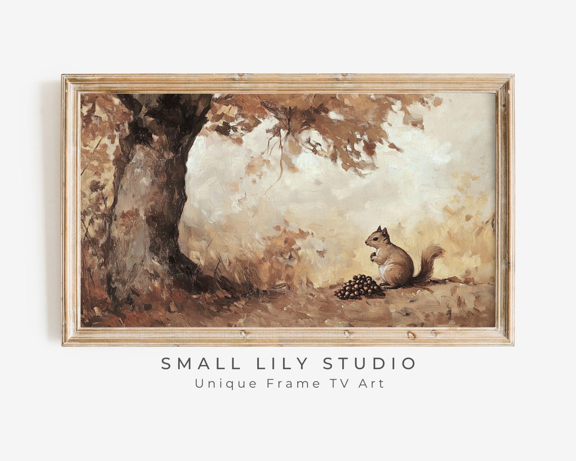 Squirrel Gathering Acorns Under Autumn Tree Vintage Painting Poster
