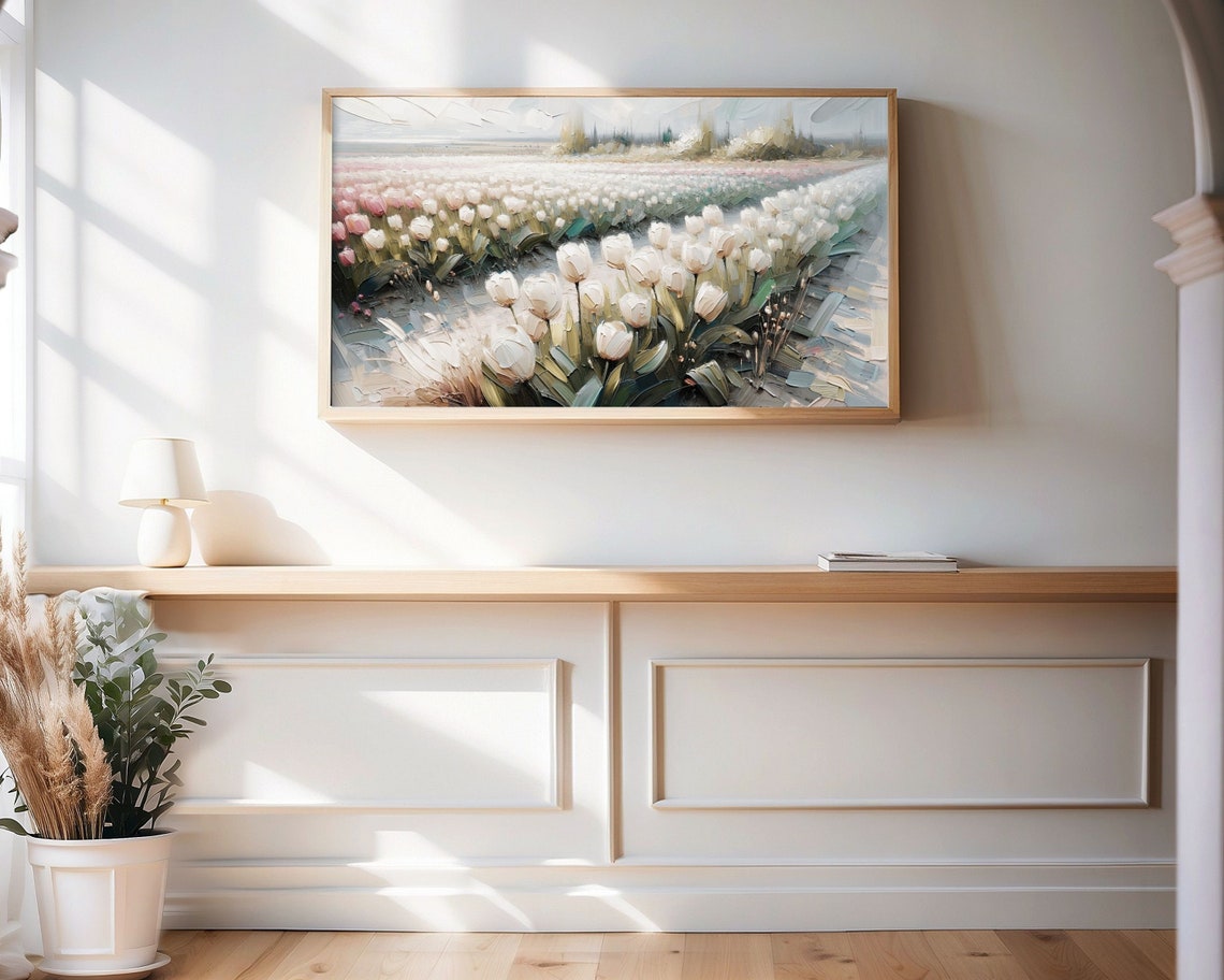 White Tulip Field Bloom Impasto Textured Oil Painting Spring Art Print - Image 3