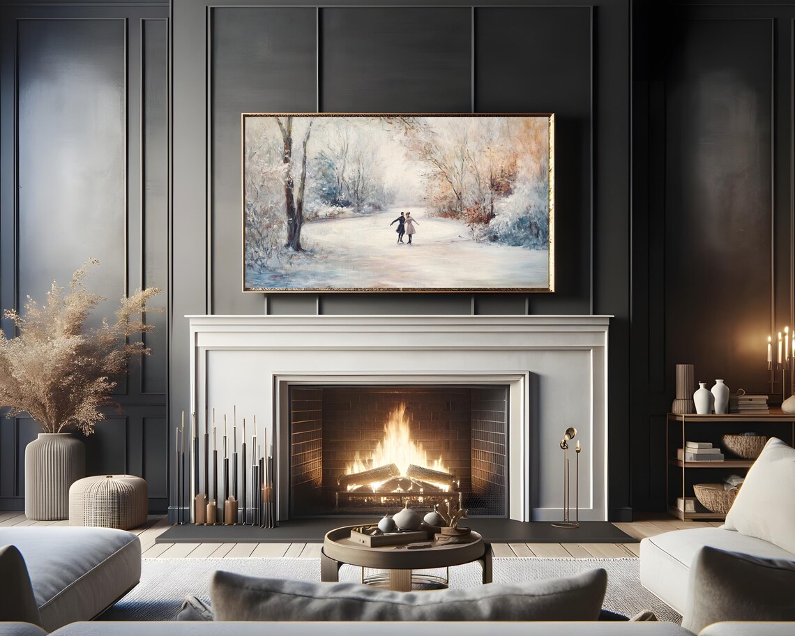 Vintage Ice Skaters Frozen Pond Winter Retro Romance Landscape Painting Poster - Image 3