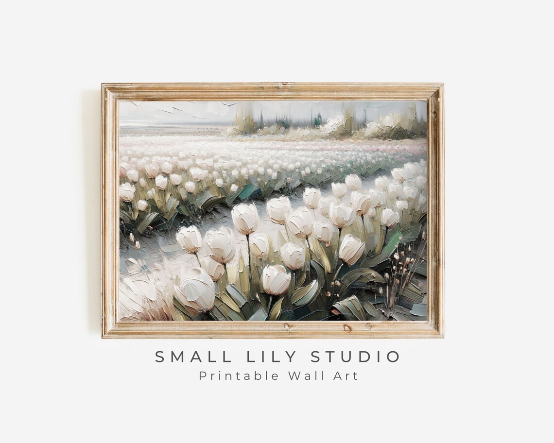 Neutral White Tulips Field Soft Pastel Vintage Spring Landscape Poster - Image 3