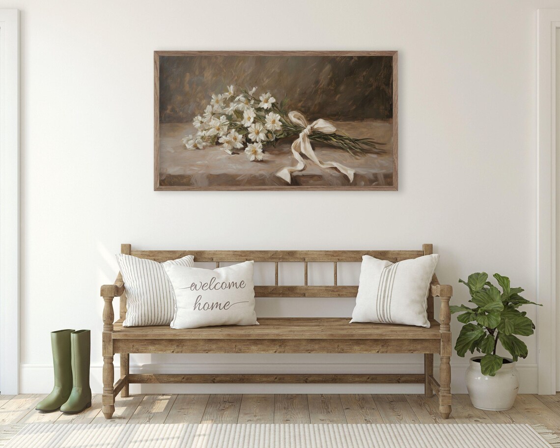 Frame Tv Art Farmhouse Flowers Frame Tv Art Neutral Spring Florals Moody Brown Vintage Style Daisies Painting For Tv Tv646 - Image 2