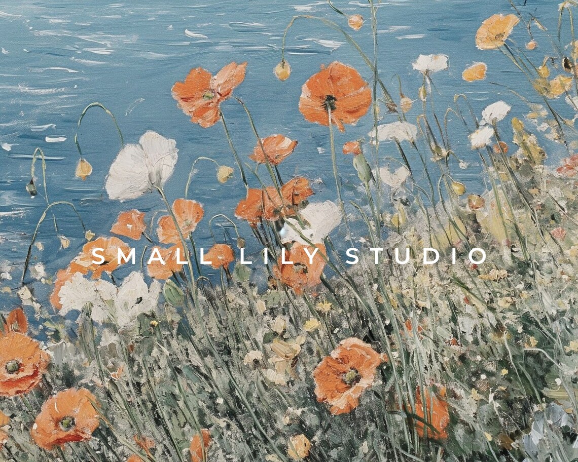 Orange Poppies By The Sea Coastal Cliff Vintage Summer Floral Painting Poster - Image 4