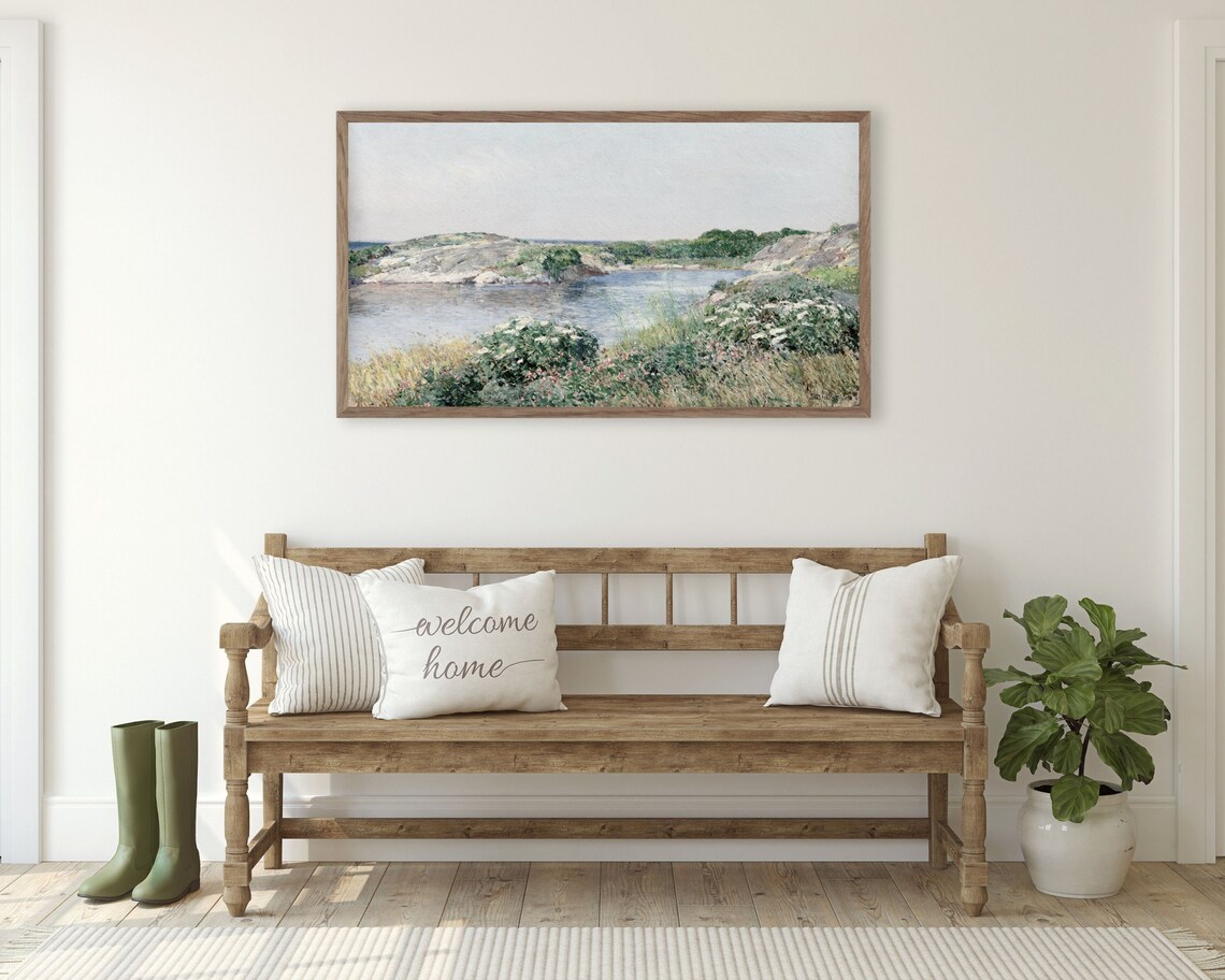 Wildflowers By Pond Vintage Impressionist Coastal Landscape Painting Poster - Image 3