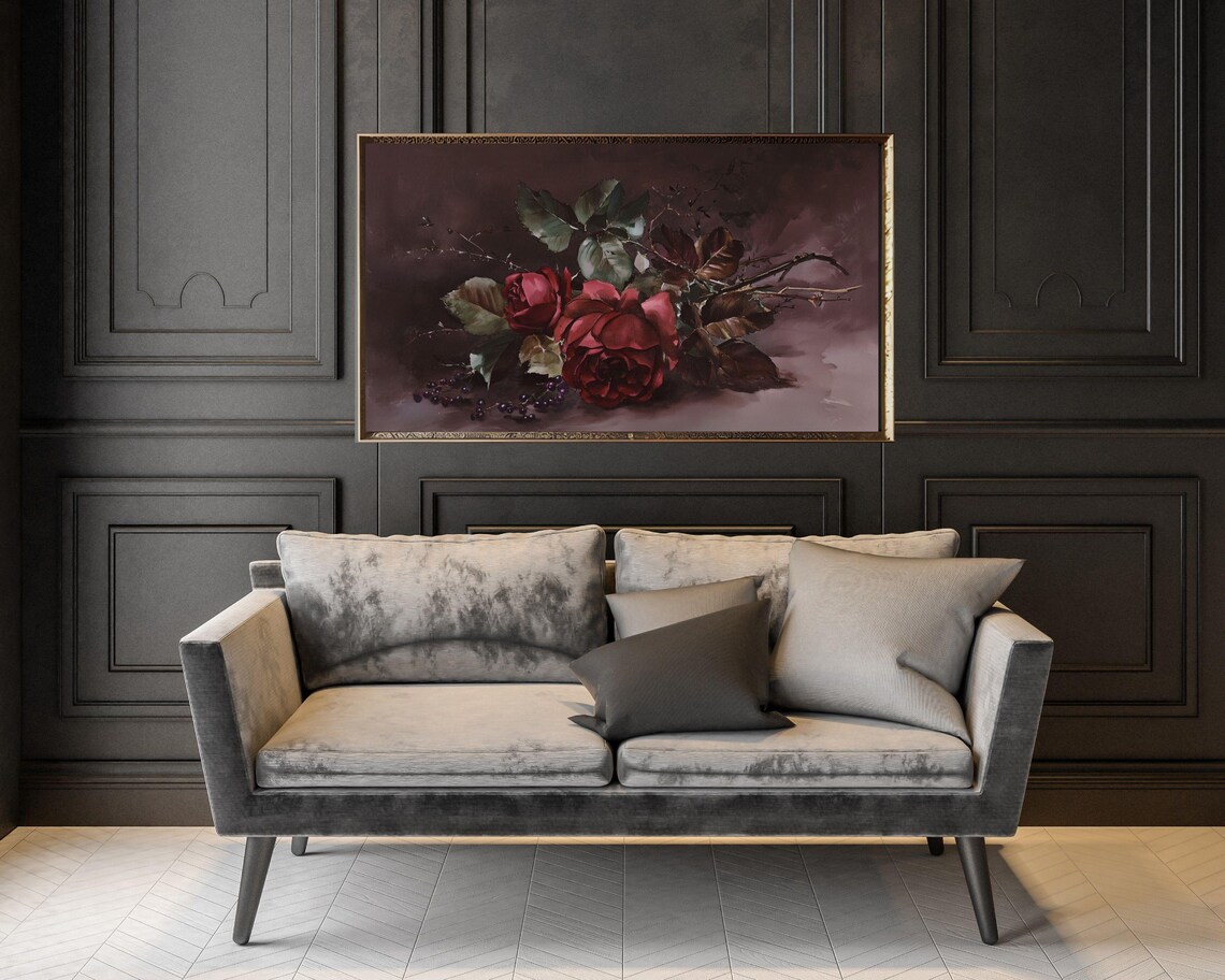 Dark Red Roses With Berries on Moody Burgundy Background Floral Poster - Image 3