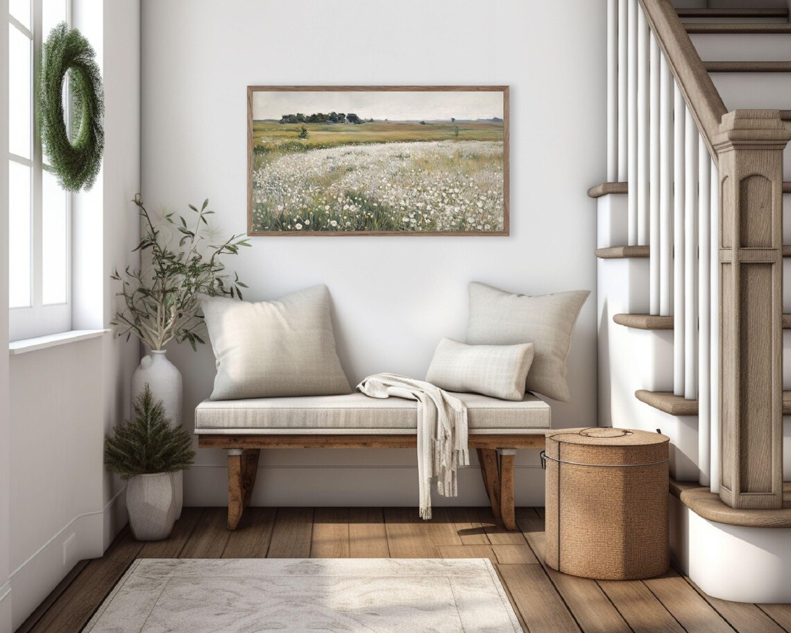 White Wildflower Field Spring Landscape, Vintage Style - Image 3