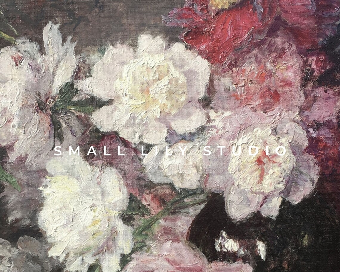 Moody White And Pink Peonies Dark Background Floral Painting Poster - Image 4