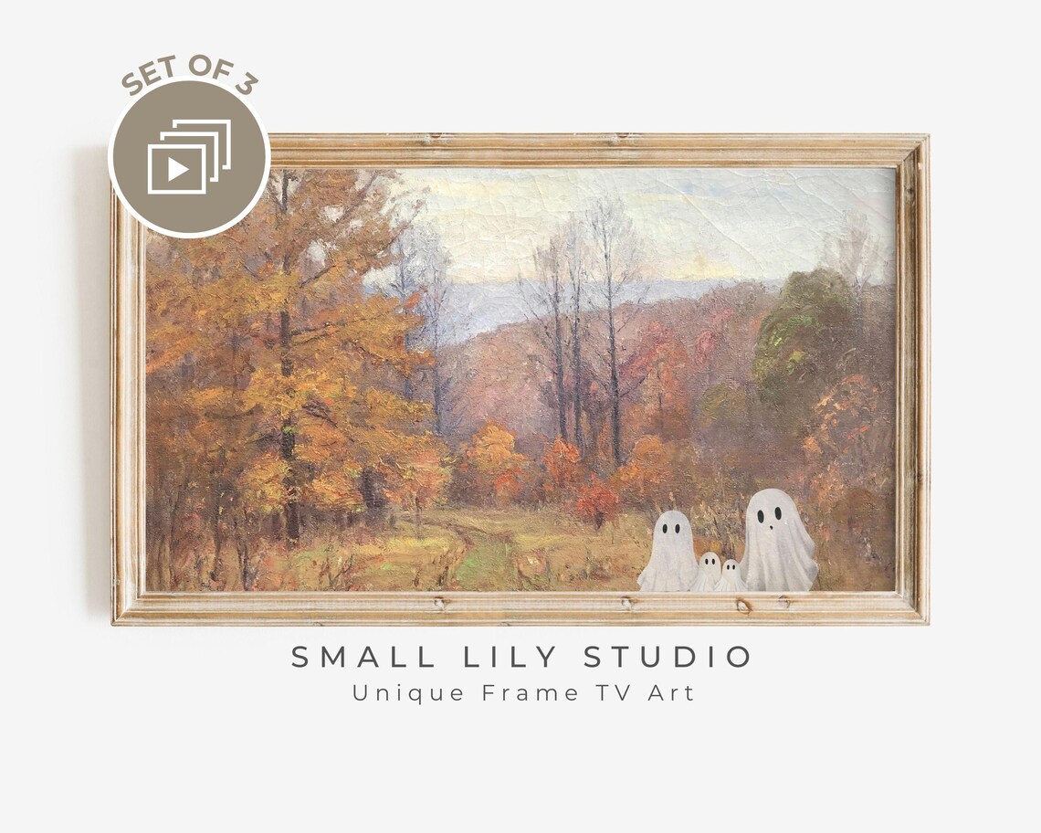 Ghost Family Of 4 in Vintage Landscape, Halloween Art Print