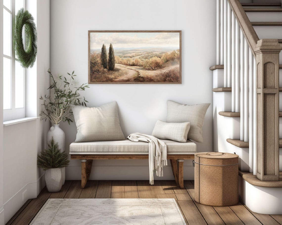 Cypress Trees Along Winding Path Through Golden Hills Painting Poster - Image 3