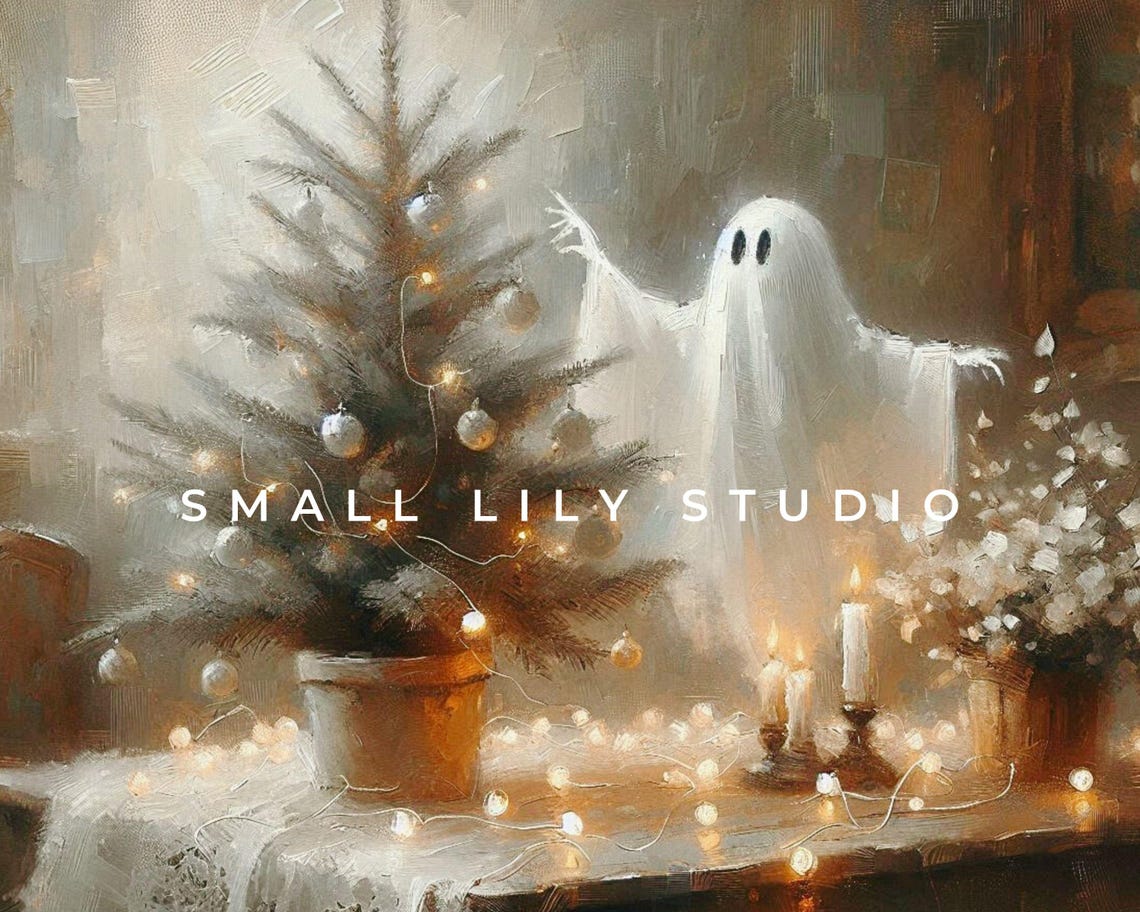 Cute Ghost Decorating Christmas Tree Fairy Lights Farmhouse Art Poster - Image 4