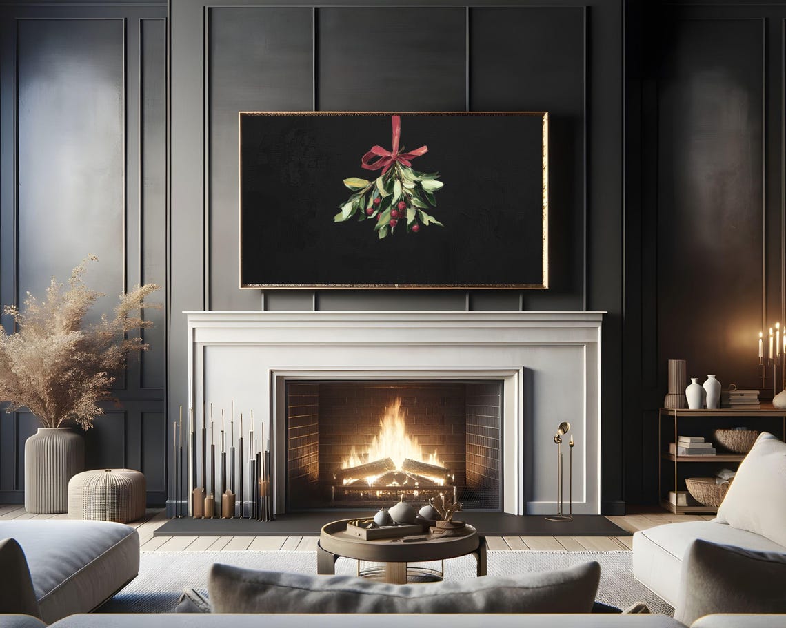 Christmas Frame Tv Art Mistletoe With Burgundy Ribbon Frame Tv Art Vintage Style Painting Stylish Red Green Black Xmas Art Tv548 - Image 2