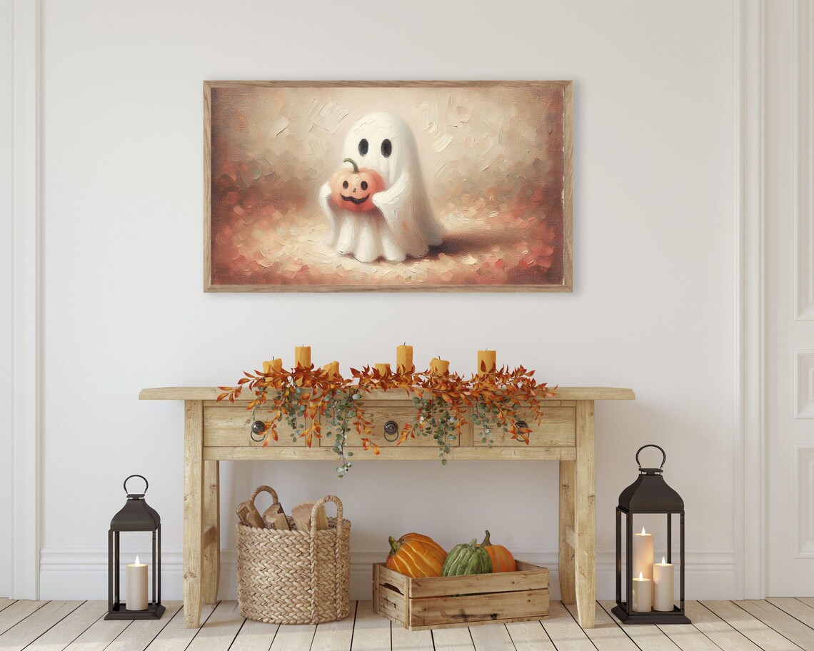 Neutral Halloween Ghost With Pumpkin Art Print - Image 4