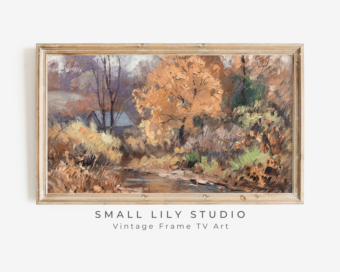 Golden Autumn Trees Along Woodland Stream Vintage Oil Painting Poster