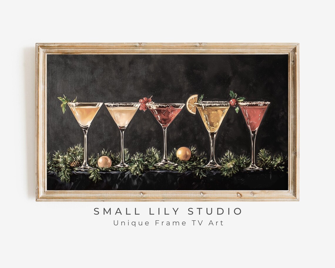 Colorful Holiday Cocktail Glasses With Evergreen Garland New Year Bar Poster
