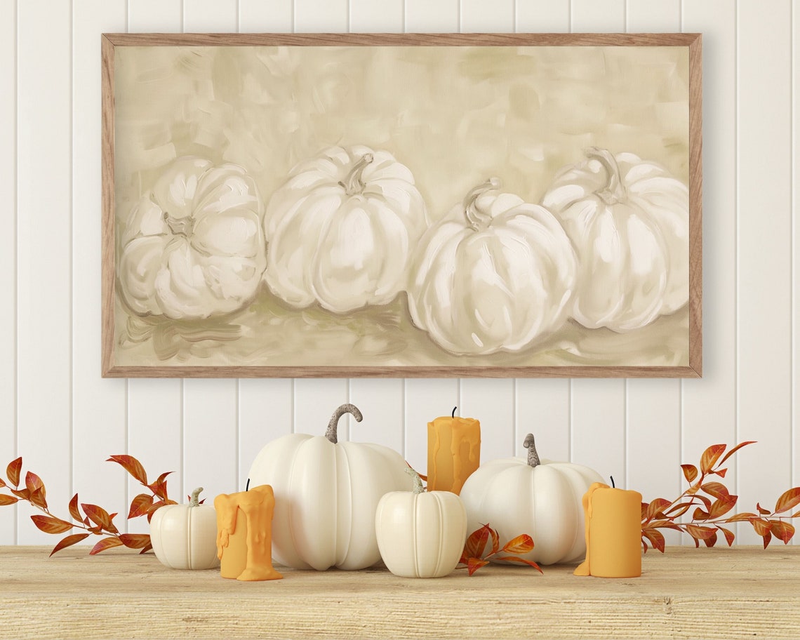 White Pumpkins On Neutral Beige Minimalist Fall Painting Poster - Image 2