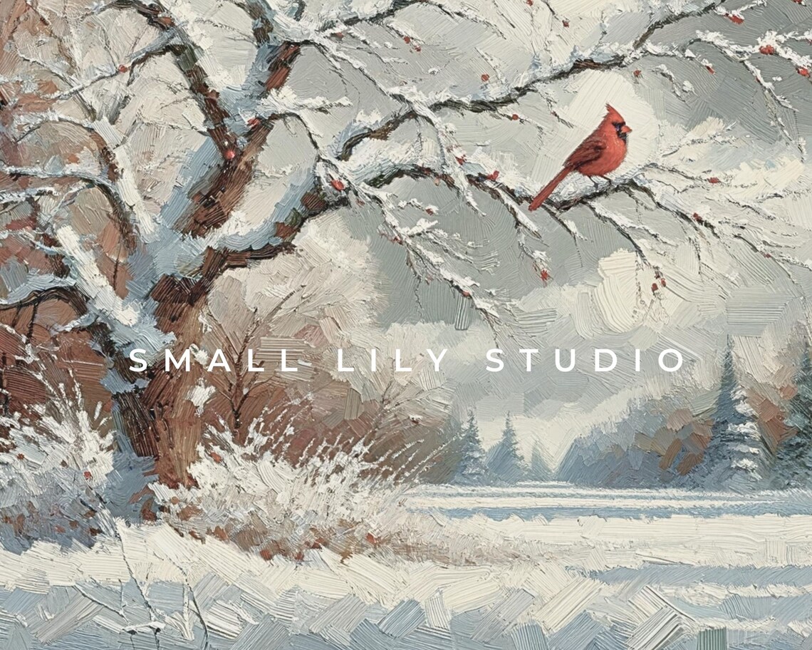 Red Cardinal Snow Branch Winter Landscape Impasto Vintage Bird Art Poster - Image 4