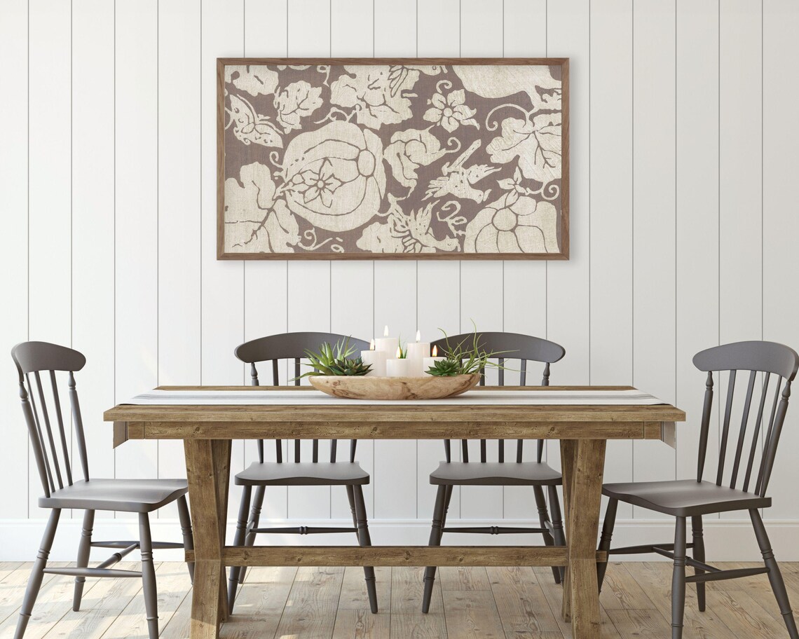 Japanese Woodblock Style Pumpkins And Butterflies Neutral Pattern Poster - Image 3