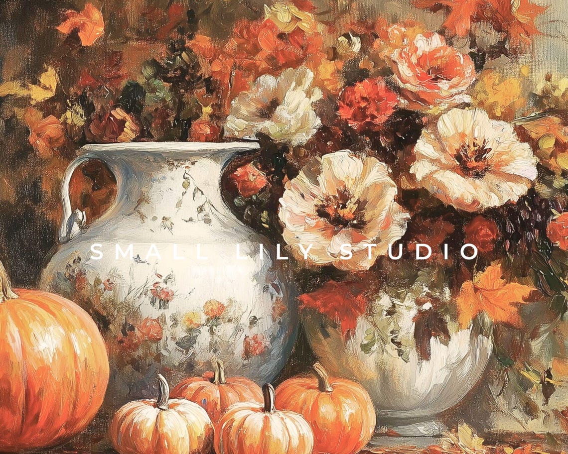 Autumn Flowers In White Vase With Pumpkins Fall Still Life Poster - Image 4