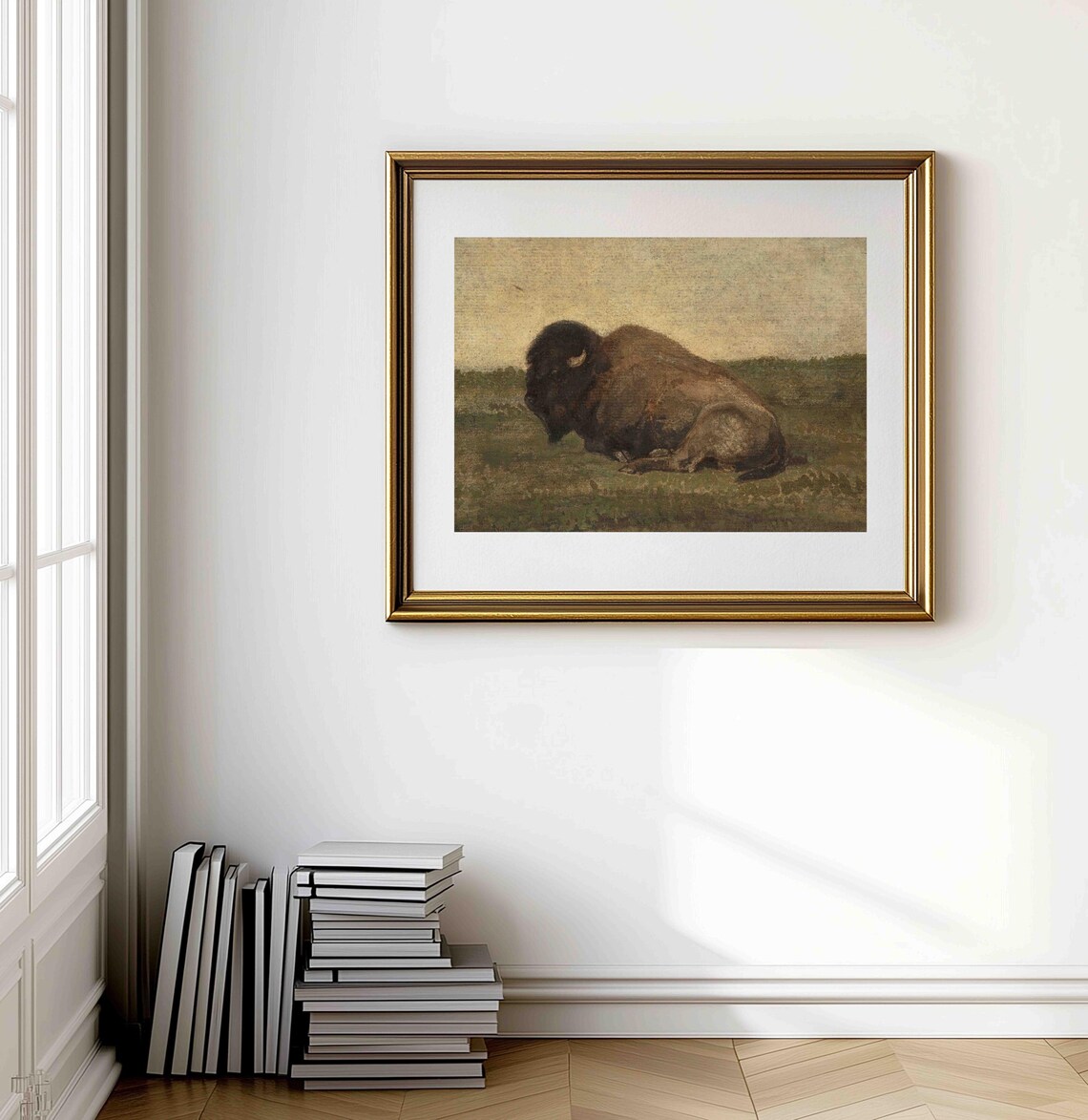 Lone Resting Bison Oil Painting Antique Prairie Wildlife Art Poster - Image 3