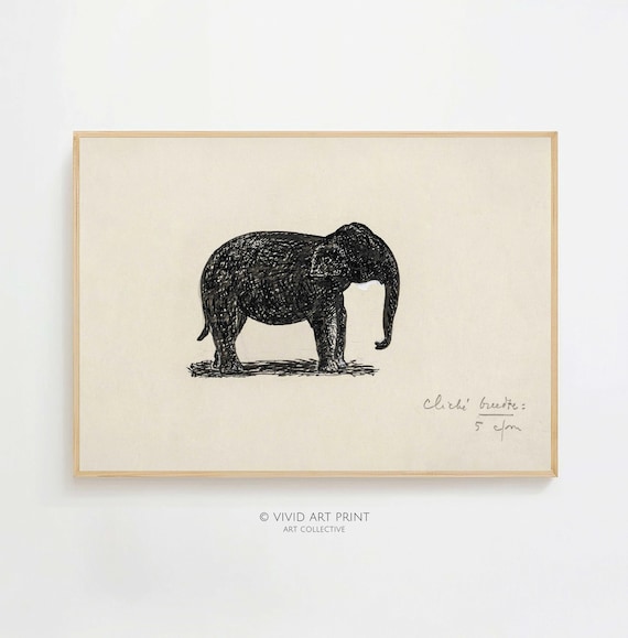 Standing Elephant Minimalist Black Ink Sketch Vintage Poster