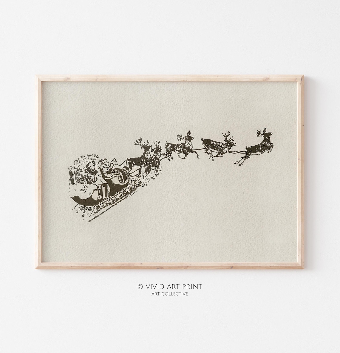 Flying Santa Sleigh, Vintage Holiday Art Print