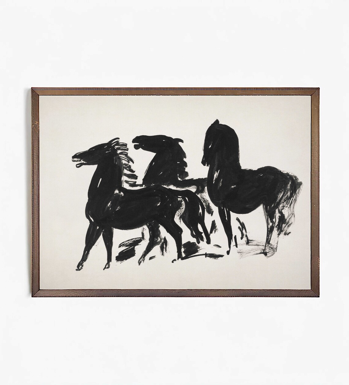 Vintage Brush Drawing Three Horses Antique Decor - Image 2