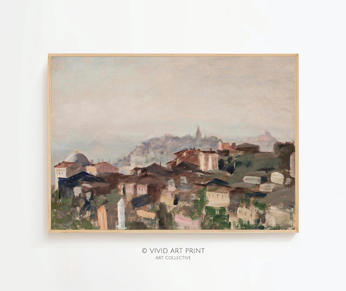 Vintage Serene Cityscape In Mist, Art Print