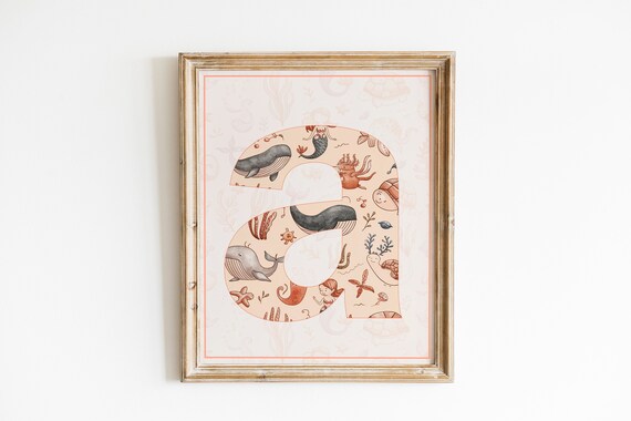 Ocean Animal Letter E Monogram Coastal Nursery Kids Wall Print