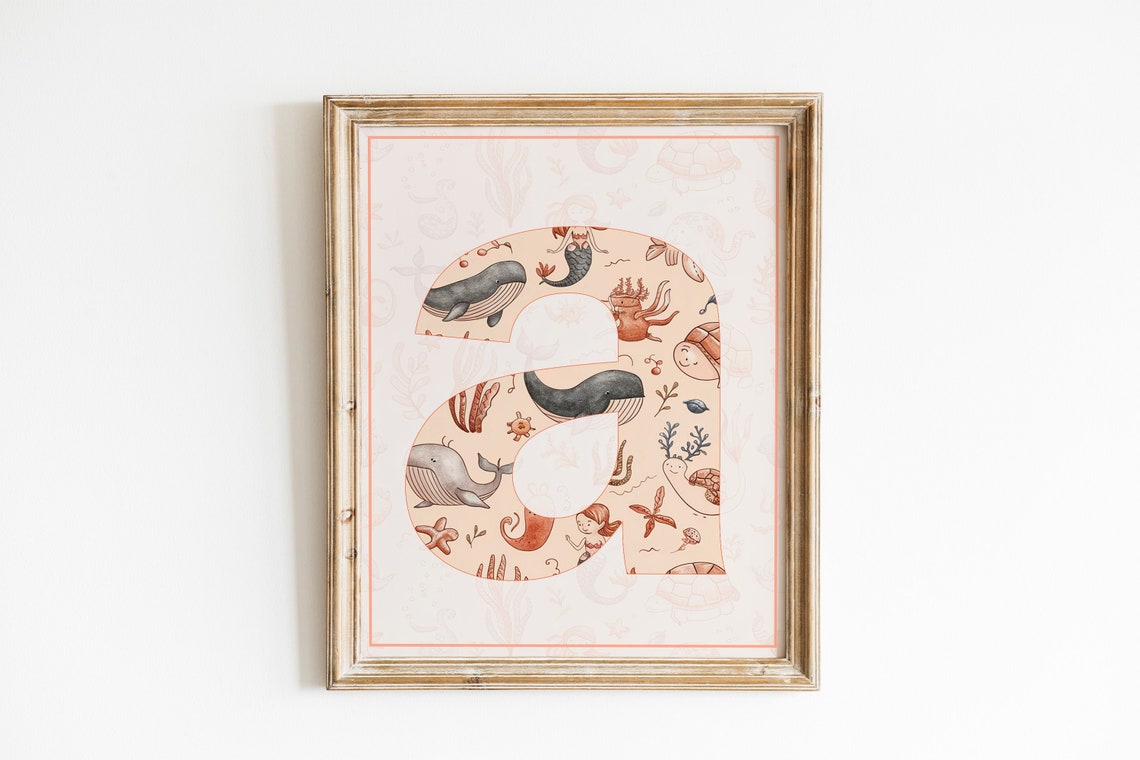 Ocean Animal Letter E Monogram Coastal Nursery Kids Wall Print