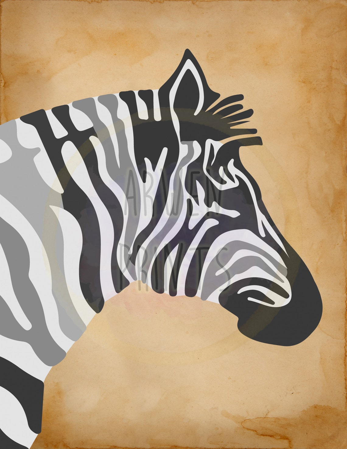 Modern Zebra Head Illustration on a Vintage Tan Background Poster