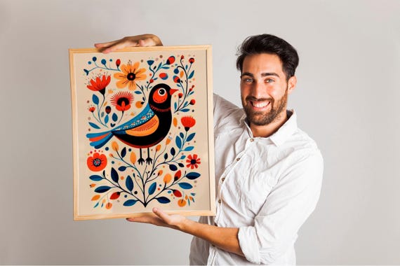 Scandinavian Folk Art Prints Set Of 2 Nordic Bird And Floral Posters Bedroom Or Cafe Wall Decor