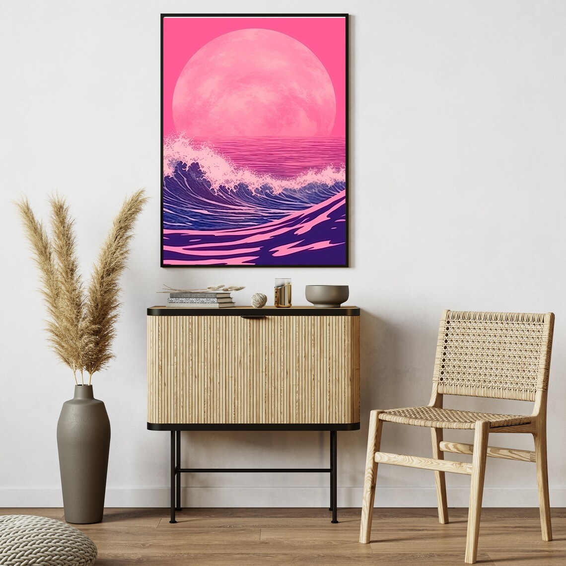 Pink Sunset Ocean Giant Sun Purple Waves Retro Digital Art Poster - Image 2
