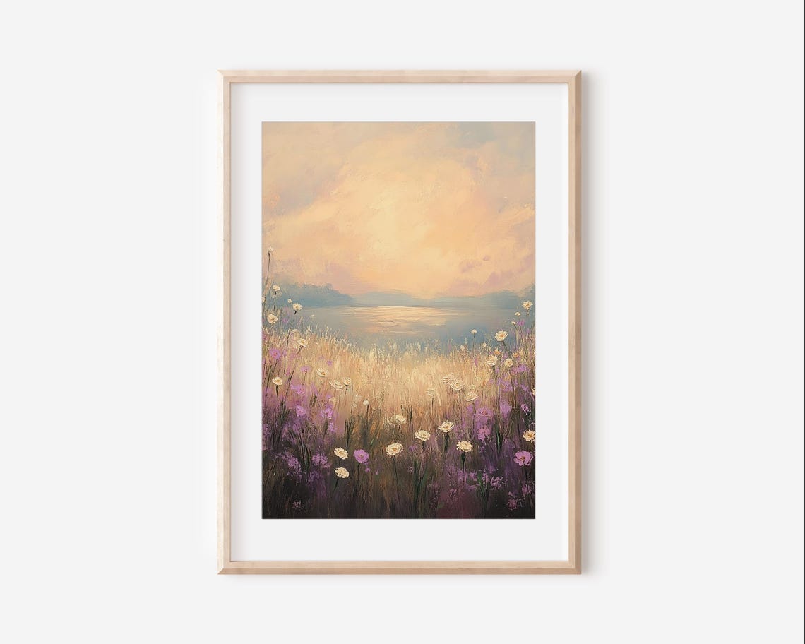 Wildflower Field Landscape Pink Flowers Pink Vintage Oil Painting Country Field Landscape Farmhouse Decor Meadow - Image 3