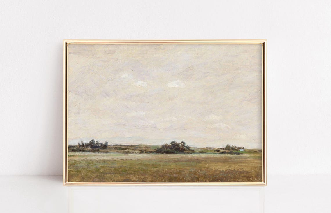 Antique Open Field Landscape Big Pale Sky Vintage Oil Art Poster - Image 5