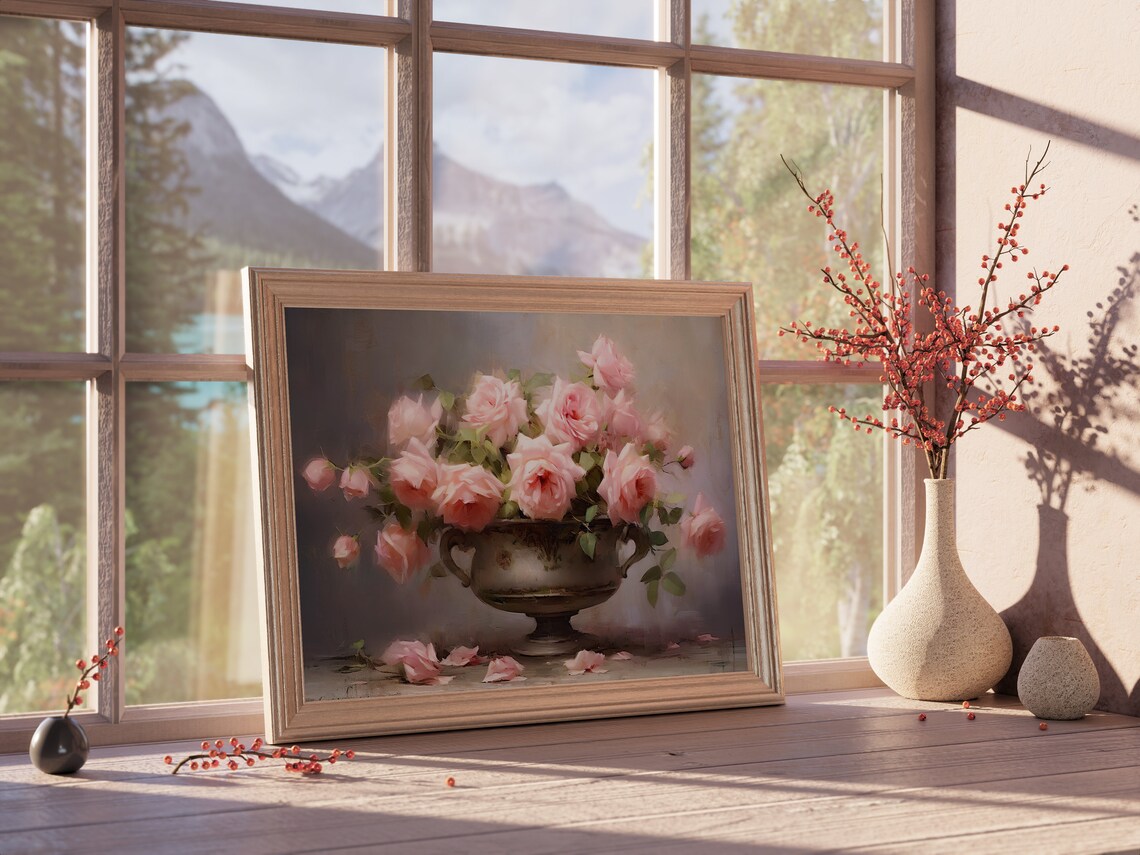 Floral Still Life Pink Roses Botanical Poster - Image 2