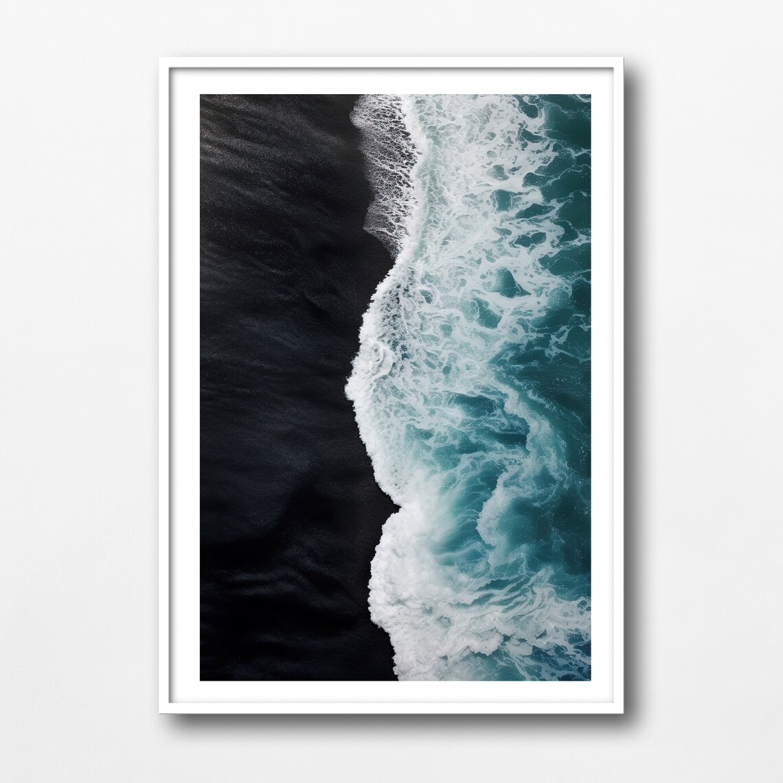 Black Sand Beach Aerial View Coastal Ocean Print