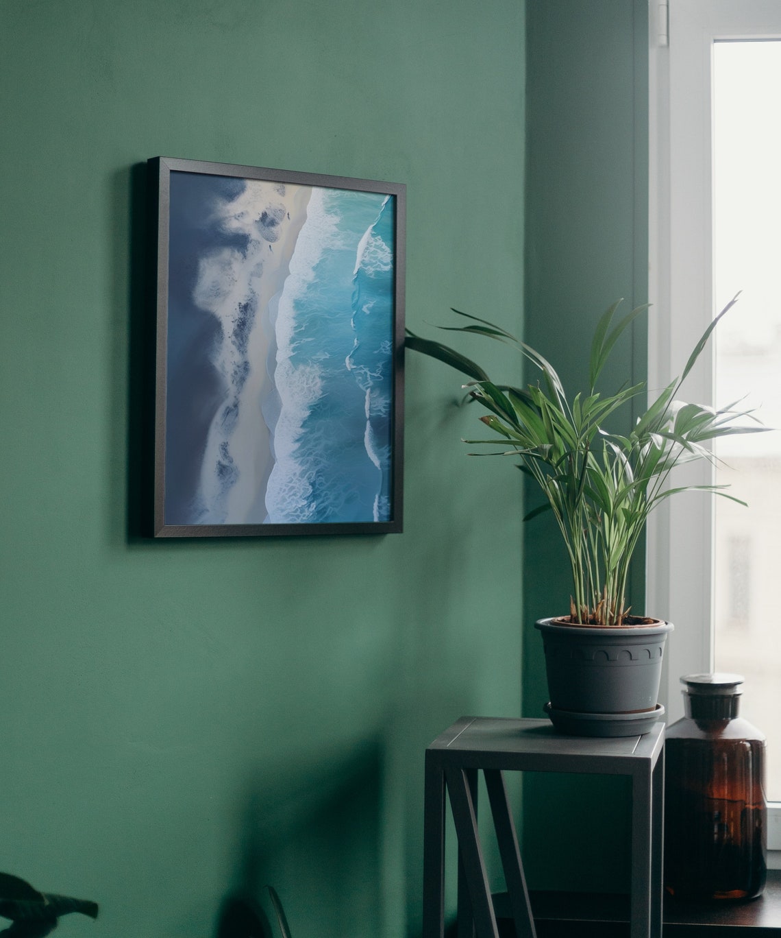 Aerial Ocean Waves Meeting Dark Sandy Shore Coastal Photo Poster - Image 4