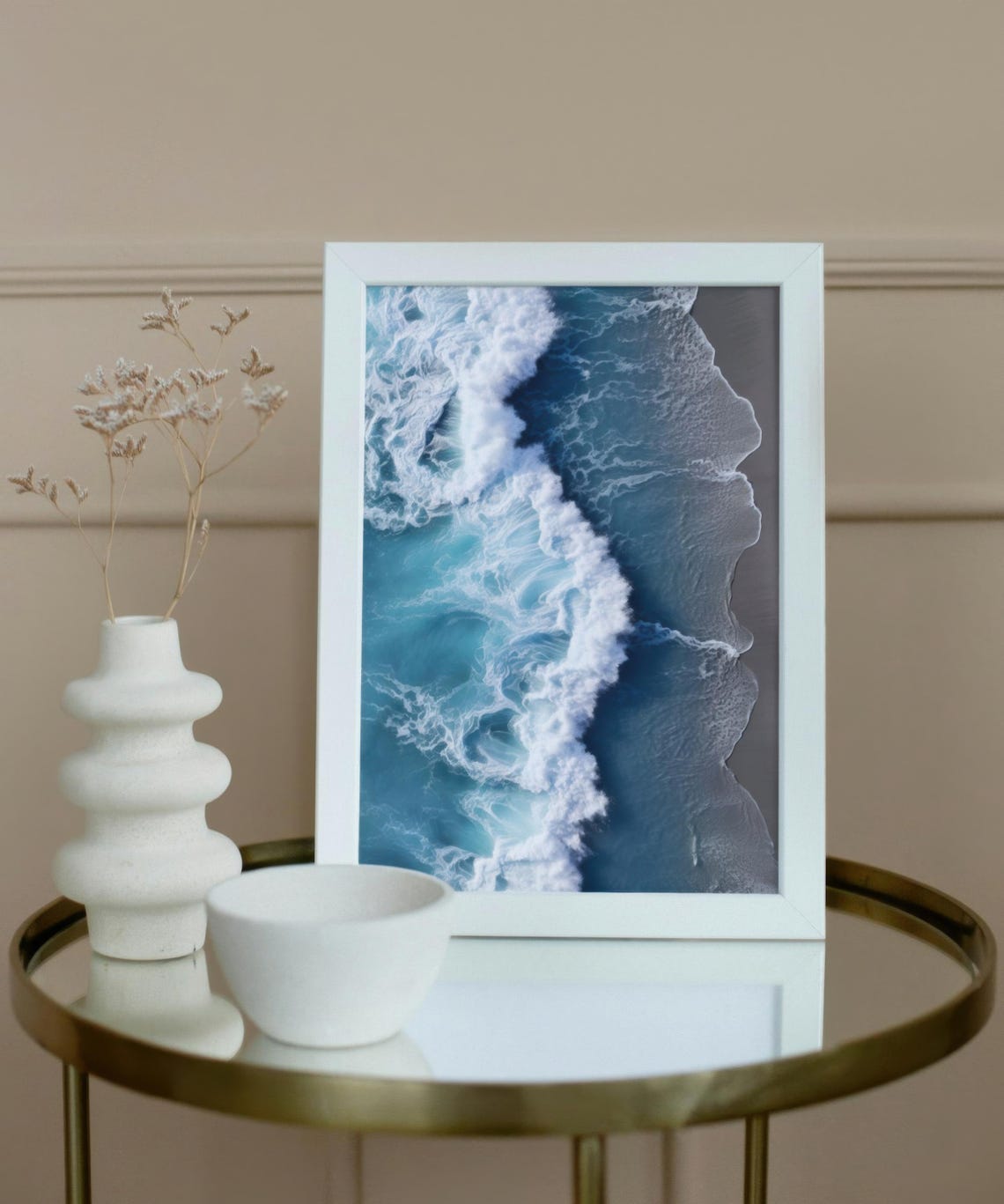 Aerial Ocean Wave Crashing Over Sandy Beach Coastal Blue Wall Poster - Image 3